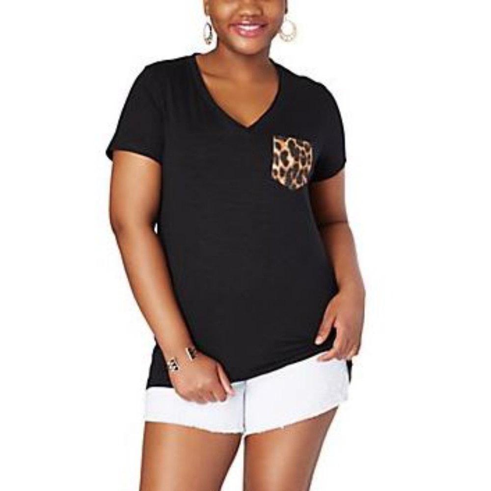 V Neck Leopard Print Pocket Tee